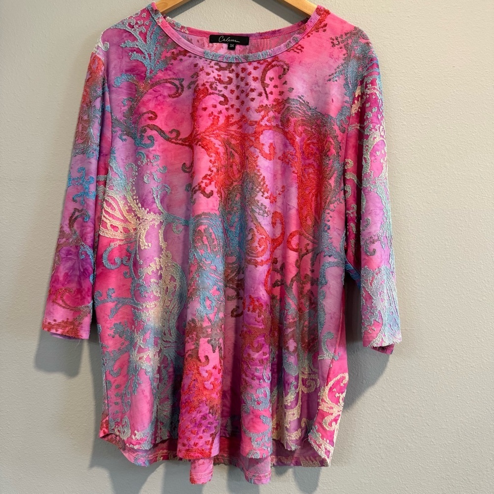 Calessa Tie Dye Burnout Paisley Top 3/4 Sleeves Artsy Boho Colorful 3X